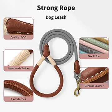 Mile High Life Dog Leash | Strong Rope Dog Leash w Premium Leather Tailor Handle | 4 Feet Dog Leash w Heavy Duty Clasp | Gray Rope Leash for Small Medium Large Dogs | Diameter 1/2"