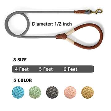 Mile High Life Dog Leash | Strong Rope Dog Leash w Premium Leather Tailor Handle | 4 Feet Dog Leash w Heavy Duty Clasp | Gray Rope Leash for Small Medium Large Dogs | Diameter 1/2"