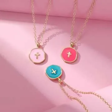 GINAZL Cross Necklace for Women, Pink 14k Gold Plated Cross Necklace for Women Gold Pendant Small Pe...