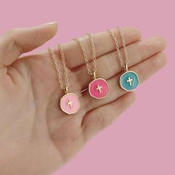 GINAZL Cross Necklace for Women, Pink 14k Gold Plated Cross Necklace for Women Gold Pendant Small Pendant for Teen Christmas Day Birthday Gifts Idea for Wife Valentines Day Gifts for Her (P)