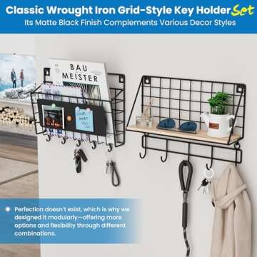 Baeymonkay Classic Wrought Iron Grid Style Key Holder Set with a Open Wooden Shelf, Innovative Modular Design, Easy Installation, Extra Large Mail Storage, 5 Adjustable and 5 Heavy Duty Metal Hooks