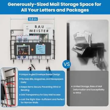 Baeymonkay Classic Wrought Iron Grid Style Key Holder Set with a Open Wooden Shelf, Innovative Modular Design, Easy Installation, Extra Large Mail Storage, 5 Adjustable and 5 Heavy Duty Metal Hooks