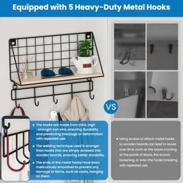 Baeymonkay Classic Wrought Iron Grid Style Key Holder Set with a Open Wooden Shelf, Innovative Modular Design, Easy Installation, Extra Large Mail Storage, 5 Adjustable and 5 Heavy Duty Metal Hooks