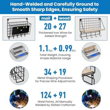 Baeymonkay Classic Wrought Iron Grid Style Key Holder Set with a Open Wooden Shelf, Innovative Modular Design, Easy Installation, Extra Large Mail Storage, 5 Adjustable and 5 Heavy Duty Metal Hooks