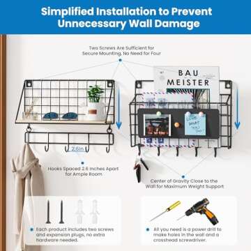 Baeymonkay Classic Wrought Iron Grid Style Key Holder Set with a Open Wooden Shelf, Innovative Modular Design, Easy Installation, Extra Large Mail Storage, 5 Adjustable and 5 Heavy Duty Metal Hooks