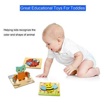 KSIDUT Wooden Jigsaw Puzzles for Toddlers 1 2 3 Years Old, (5 Pack) Early Educational Toys Gift for Boys and Girls with 5 Animals Patterns, Bright Vibrant Color Shapes