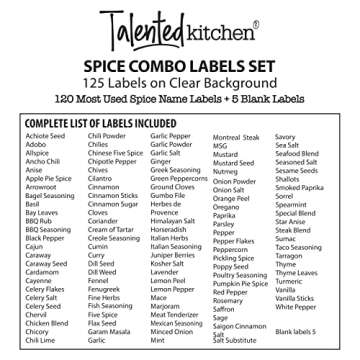 Talented Kitchen 125-Pack Spice Labels Stickers, Clear Spice Jar Labels Preprinted for Seasoning Herbs, Kitchen Spice Rack Organization, Water Resistant (Black)