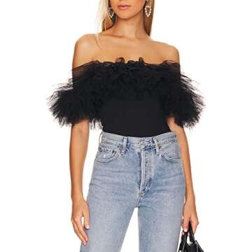Stylish May&Maya Women's Tulle Ruffle Bodysuit Top