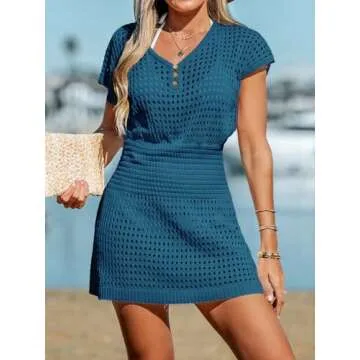 CUPSHE Women Swimsuit Coverup Crochet Short Sleeve V Neck Bathing Suit Beach Dress Cruise Outfits for Women 2025 Deep Teal, XXL