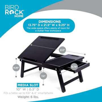 BIRDROCK HOME Laptop Bed Tray | Adjustable Tilt Surface, Storage Drawer, Folding Legs, Mouse Pad | F...