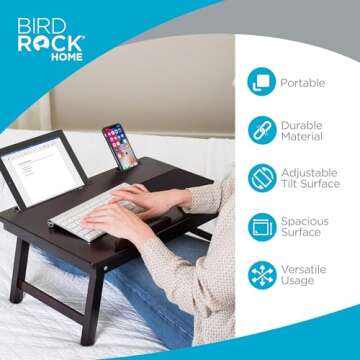 BIRDROCK HOME Laptop Bed Tray | Adjustable Tilt Surface, Storage Drawer, Folding Legs, Mouse Pad | Fits Laptop Up to 15" | Slots Up to: Tablets 9.6", Phones 4" | For Work, Reading, Studying | Espresso