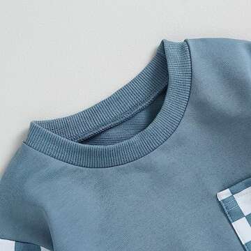 Toddler Baby Boy Fall Winter Outfit Contrast Color Long Sleeve Sweatshirts Stretch Jogger Pants Newborn Clothes Set (Plaid Blue, 18-24 Months)
