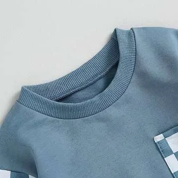 Toddler Baby Boy Fall Winter Outfit Contrast Color Long Sleeve Sweatshirts Stretch Jogger Pants Newborn Clothes Set (Plaid Blue, 18-24 Months)