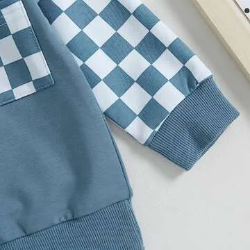 Toddler Baby Boy Fall Winter Outfit Contrast Color Long Sleeve Sweatshirts Stretch Jogger Pants Newborn Clothes Set (Plaid Blue, 18-24 Months)