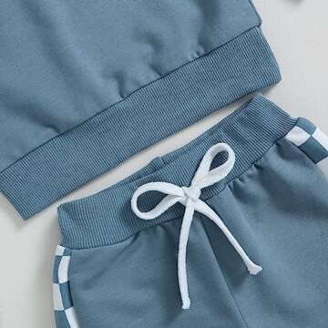 Toddler Baby Boy Fall Winter Outfit Contrast Color Long Sleeve Sweatshirts Stretch Jogger Pants Newborn Clothes Set (Plaid Blue, 18-24 Months)