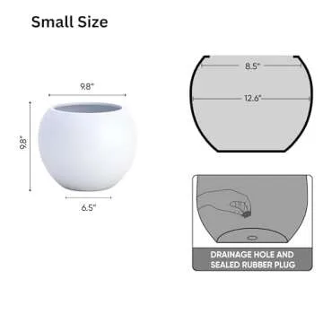 DTY Signature Mount Sherman Lightweight Durable Modern Fiberstone Sphere Planter for Indoor & Outdoor Drainage Hole & Rubber Plug Weather Resistant, 10" H x 13" Dia, 8" Opening - Small, White