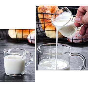 Hacaroa 4 Pack Double Spouts Measuring Cups Espresso Shot Glass with Handle, 2.5 Oz Mini Milk Triple Pitcher Barista Clear Graduated Cups for Coffee, Wine, Bar, Party