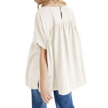 Tankaneo Womens Summer Short Sleeve Babydoll Tops Loose T Shirt Casual Peplum Tunic Shirts Off-White