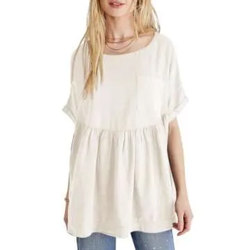 Tankaneo Womens Summer Short Sleeve Babydoll Tops Loose T Shirt Casual Peplum Tunic Shirts Off-White