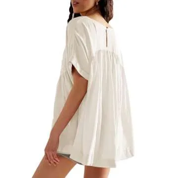 Tankaneo Womens Summer Short Sleeve Babydoll Tops Loose T Shirt Casual Peplum Tunic Shirts Off-White