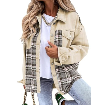 SHEWIN Spring Jackets for Women 2025 Oversized Plaid Denim Jacket Long Sleeve Flannel Jean Jacket Bo...