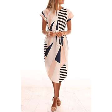 ECOWISH Womens Dresses Summer Casual V-Neck Floral Print Geometric Pattern Belted Dress Beige XX-Large