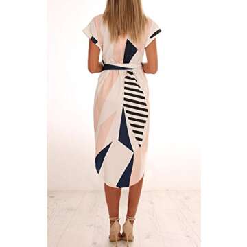 ECOWISH Womens Dresses Summer Casual V-Neck Floral Print Geometric Pattern Belted Dress Beige XX-Large