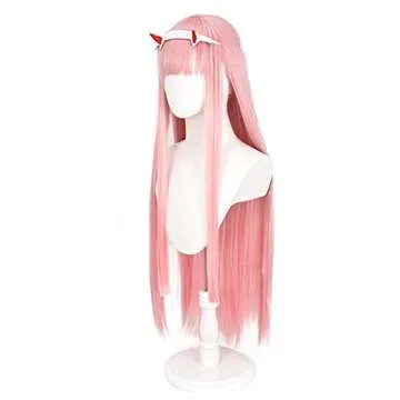 Soyusunny Long Pink Straight Cosplay Wig Costume Halloween Wigs for Women With Headband