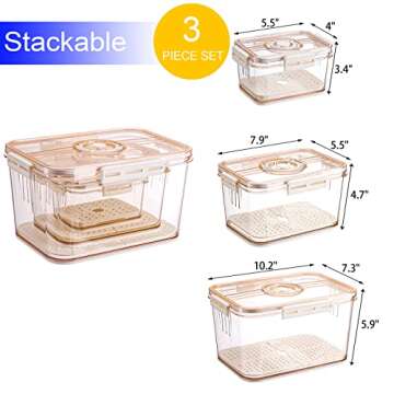 Hiceeden Set of 3 Fruit Storage Containers for Refrigerator, Plastic Fresh Produce Saver Container with Time Record Lid & Strainer, Stackable Vegetable Fridge Organizer Bins for Salad, Lettuce, Berry