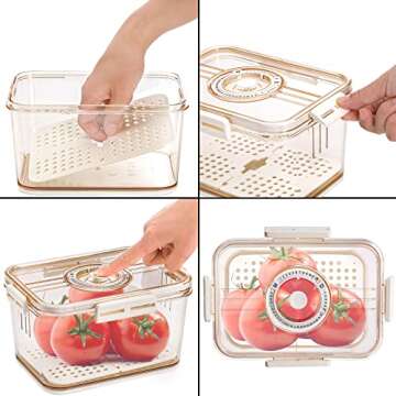 Hiceeden Set of 3 Fruit Storage Containers for Refrigerator, Plastic Fresh Produce Saver Container with Time Record Lid & Strainer, Stackable Vegetable Fridge Organizer Bins for Salad, Lettuce, Berry