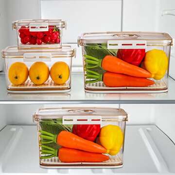 Hiceeden Set of 3 Fruit Storage Containers for Refrigerator, Plastic Fresh Produce Saver Container with Time Record Lid & Strainer, Stackable Vegetable Fridge Organizer Bins for Salad, Lettuce, Berry