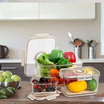 Hiceeden Set of 3 Fruit Storage Containers for Refrigerator, Plastic Fresh Produce Saver Container with Time Record Lid & Strainer, Stackable Vegetable Fridge Organizer Bins for Salad, Lettuce, Berry