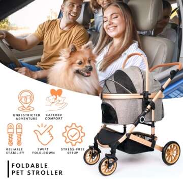 Pet Stroller with 4 Wheels, Foldable Pet Travel Carrier for Small/Medium Dogs Cats up to 50lbs, Deta...