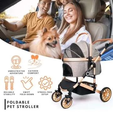 Pet Stroller with 4 Wheels, Foldable Pet Travel Carrier for Small/Medium Dogs Cats up to 50lbs, Deta...