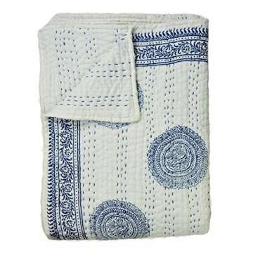 Crafts Creation Queen Size Kantha Quilt, Indian Kantha Quilt, White Cotton Blanket, Handmade Bedspre...