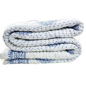 Crafts Creation Queen Size Kantha Quilt, Indian Kantha Quilt, White Cotton Blanket, Handmade Bedspread, Hand Block Print, 100% Cotton Bedspread Blanket Throw (Queen)