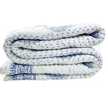 Crafts Creation Queen Size Kantha Quilt, Indian Kantha Quilt, White Cotton Blanket, Handmade Bedspread, Hand Block Print, 100% Cotton Bedspread Blanket Throw (Queen)