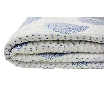 Crafts Creation Queen Size Kantha Quilt, Indian Kantha Quilt, White Cotton Blanket, Handmade Bedspread, Hand Block Print, 100% Cotton Bedspread Blanket Throw (Queen)