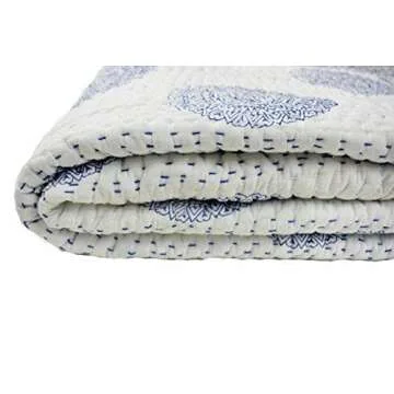 Crafts Creation Queen Size Kantha Quilt, Indian Kantha Quilt, White Cotton Blanket, Handmade Bedspread, Hand Block Print, 100% Cotton Bedspread Blanket Throw (Queen)