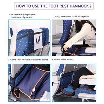 Travel Bread Airplane Footrest Hammock, Portable Travel Footrest with Inflatable Pillows, Adjustable Height Flight Carry-On Foot Rest Hammock Provides Relaxation & Comfort for Long Flights(Dark Blue)