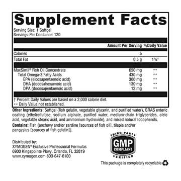 XYMOGEN Omega MonoPure 650 EC - Omega-3 Fish Oil Supplements for Women & Men - with EPA, DHA & DPA - Smaller Softgels with 3X Greater Absorption - Support a Healthy Heart & Cognition (120 Softgels)
