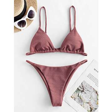 ZAFUL Women's Textured Tie String Bikini Swimwear Triangle Smocked Bikini Cheeky Brazilian Swimsuits