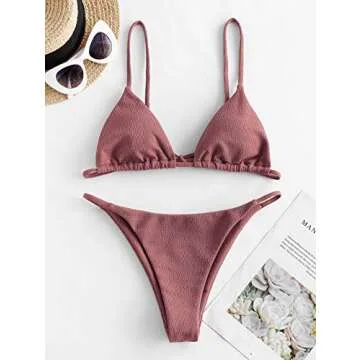 ZAFUL Women's Textured Tie String Bikini Swimwear Triangle Smocked Bikini Cheeky Brazilian Swimsuits
