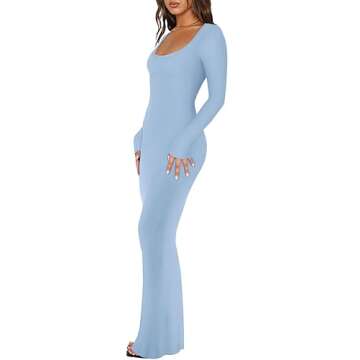 REORIA Womens Sexy Casual Scoop Square Neck Long Sleeve Soft Lounge Long Dress Fall Wedding Guest El...