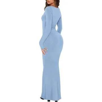 REORIA Womens Sexy Casual Scoop Square Neck Long Sleeve Soft Lounge Long Dress Fall Wedding Guest Elegant Ribbed Bodycon Maxi Dresses Blue Small