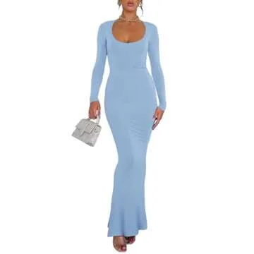 REORIA Womens Sexy Casual Scoop Square Neck Long Sleeve Soft Lounge Long Dress Fall Wedding Guest Elegant Ribbed Bodycon Maxi Dresses Blue Small