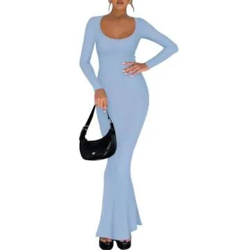 REORIA Womens Sexy Casual Scoop Square Neck Long Sleeve Soft Lounge Long Dress Fall Wedding Guest Elegant Ribbed Bodycon Maxi Dresses Blue Small