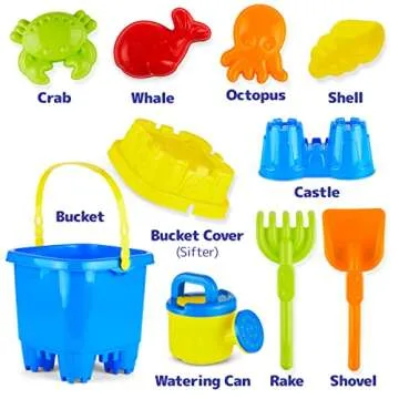 PREXTEX 10 Piece Beach Sand Toys Set for Kids - Bucket with Sifter, Shovel, Rake, Watering Can, 5 Animal and Castle Sand Molds for Kids & Toddlers - Sand Buckets and Shovels for Kids, Beach Toy Set