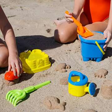 PREXTEX 10 Piece Beach Sand Toys Set for Kids - Bucket with Sifter, Shovel, Rake, Watering Can, 5 Animal and Castle Sand Molds for Kids & Toddlers - Sand Buckets and Shovels for Kids, Beach Toy Set