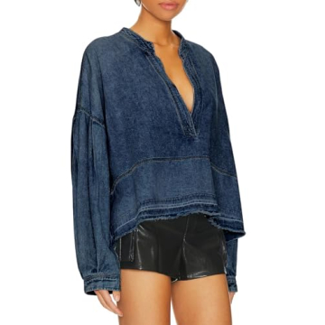 Denim Pullover for Women Deep V-Neck Ruffle Long Sleeve Raw Hem Seam Detail Casual Relaxed Fit Jean Top Blouses